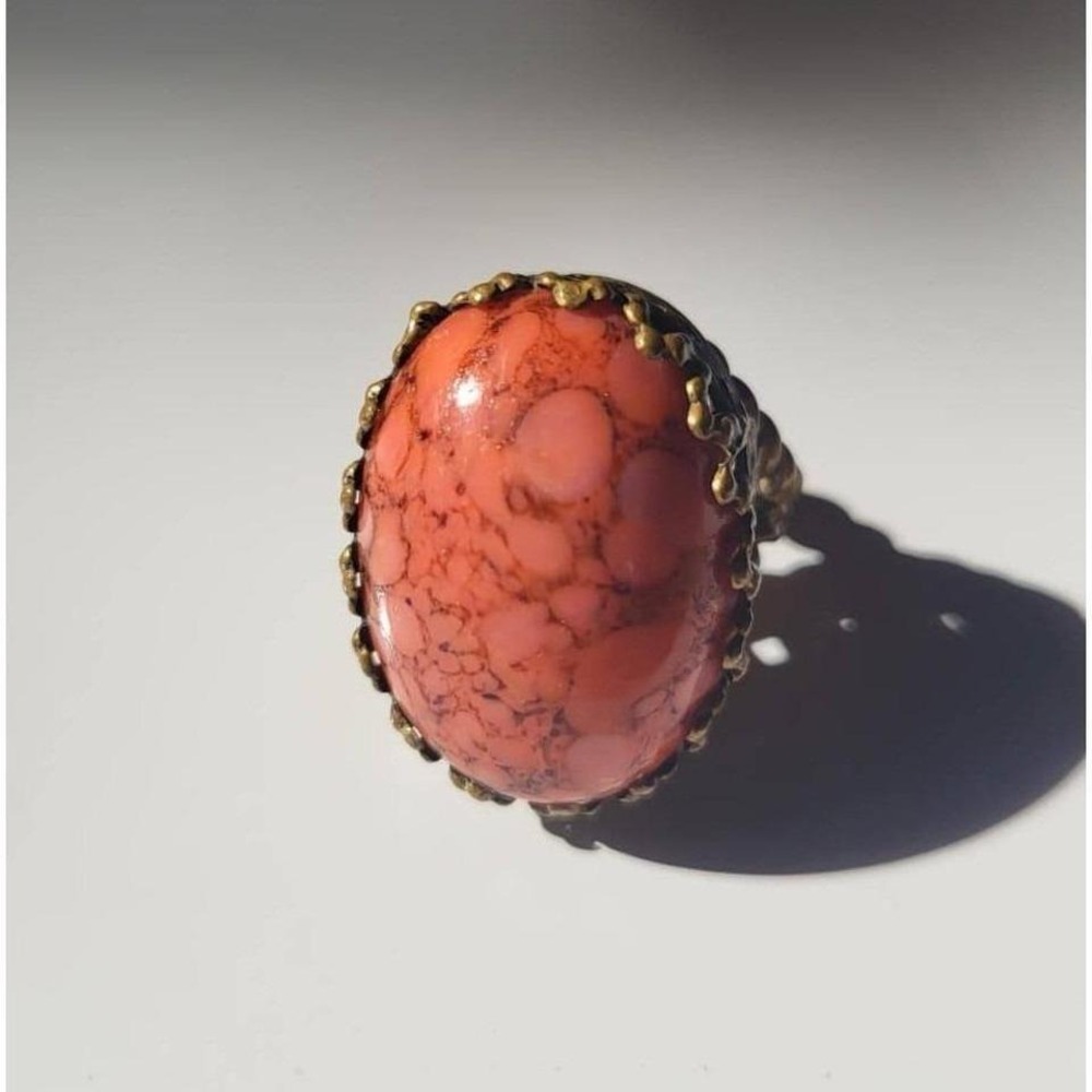 Vintage Boho Oval Huge Unique Coral Stone Ring Antique Brass Setting Adjustable